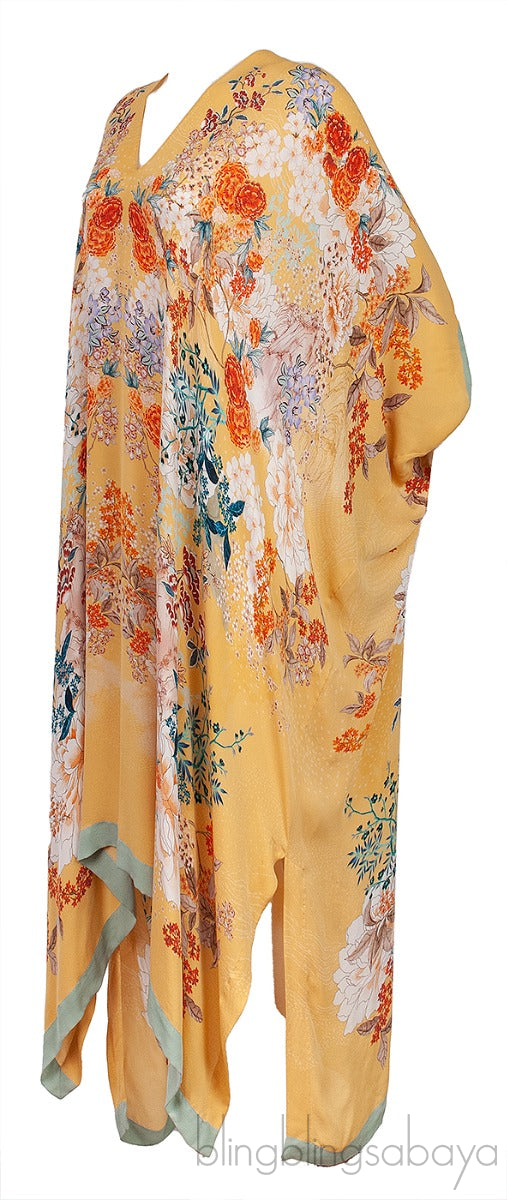 Yellow Floral Print Silk Kaftan Dress