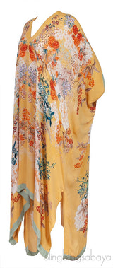 Yellow Floral Print Silk Kaftan Dress