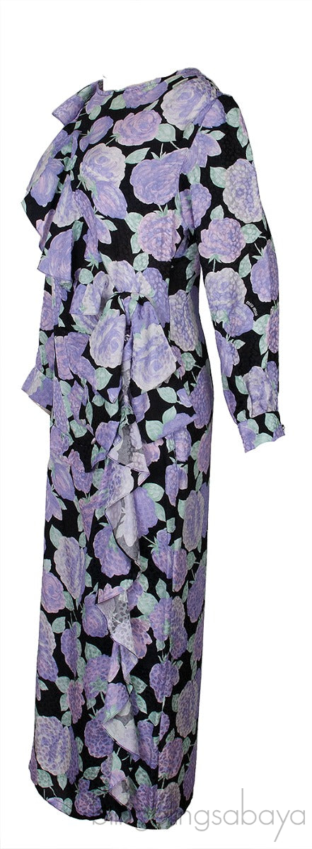 Lavander Floral Print Ruffle Trim Dress