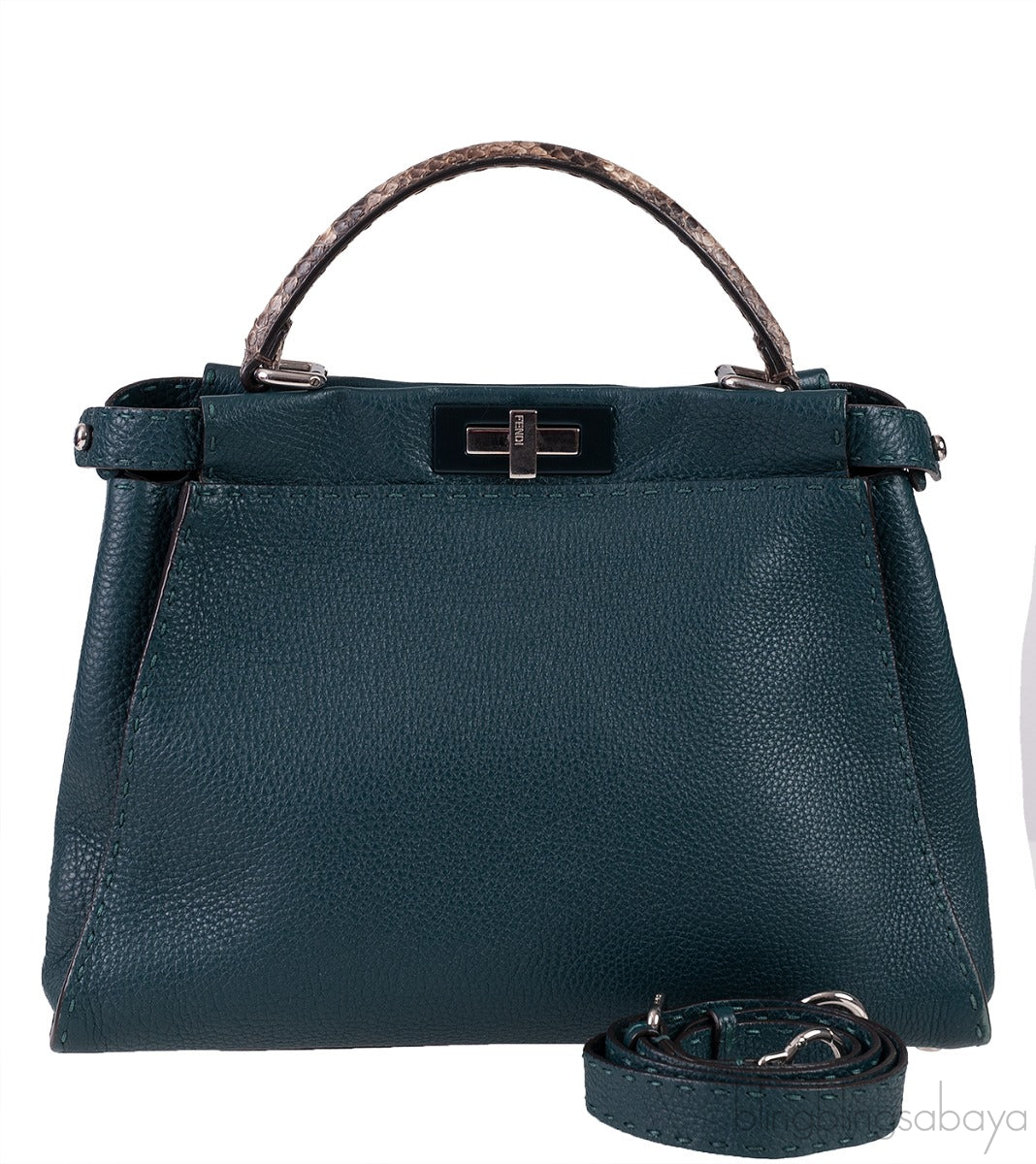 Fendi Selleria Peekaboo Dark Green Medium Python Handle Bag