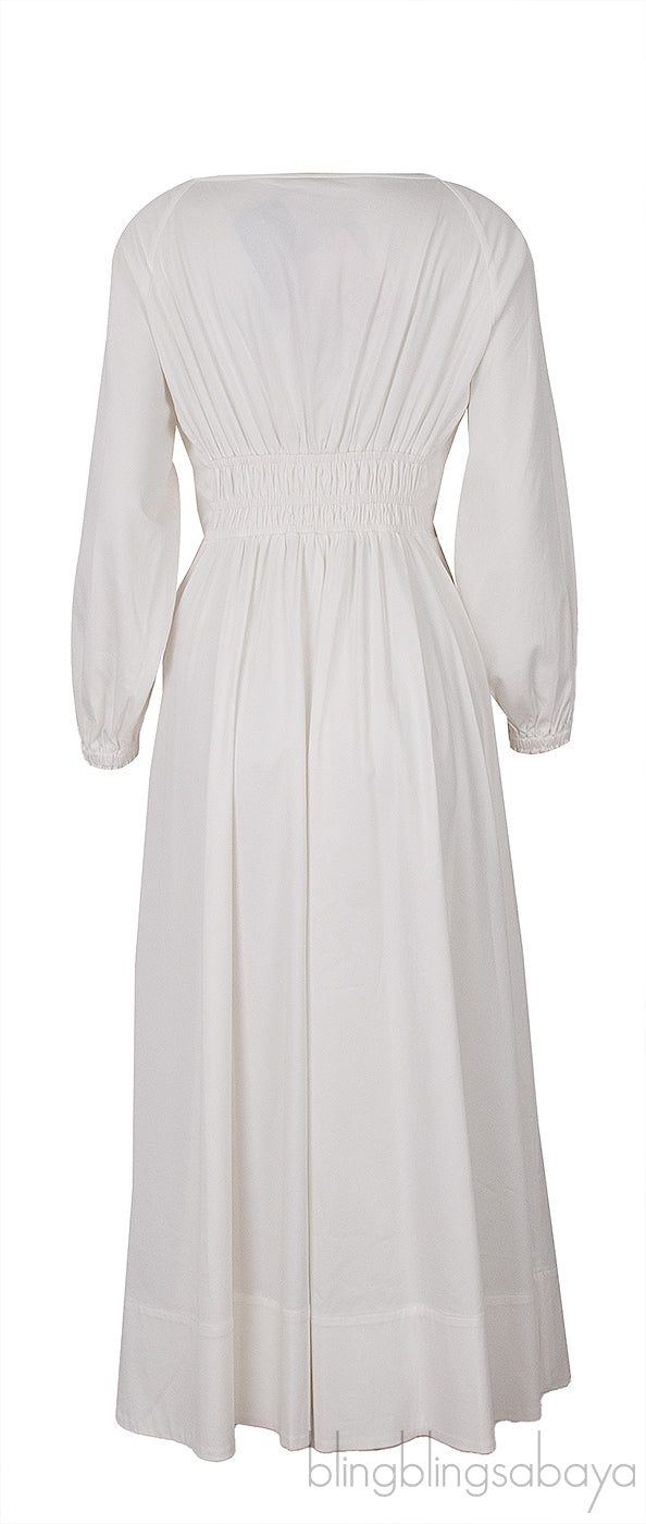 White Cotton Ruched Waist Midi Dress