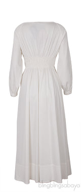 White Cotton Ruched Waist Midi Dress