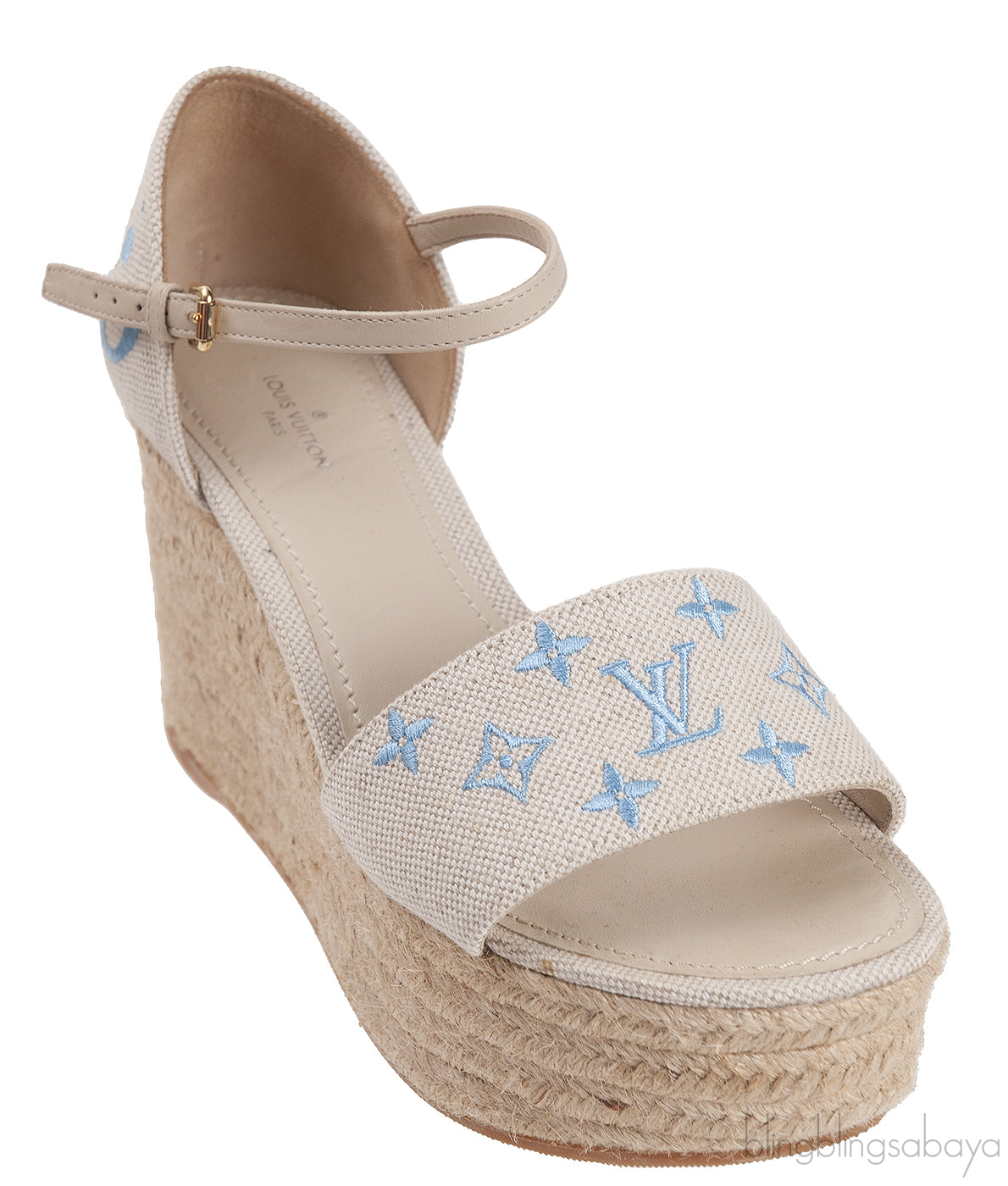 Light Blue/Beige Canvas Monogram Starboard Espadrille Wedge Sandals