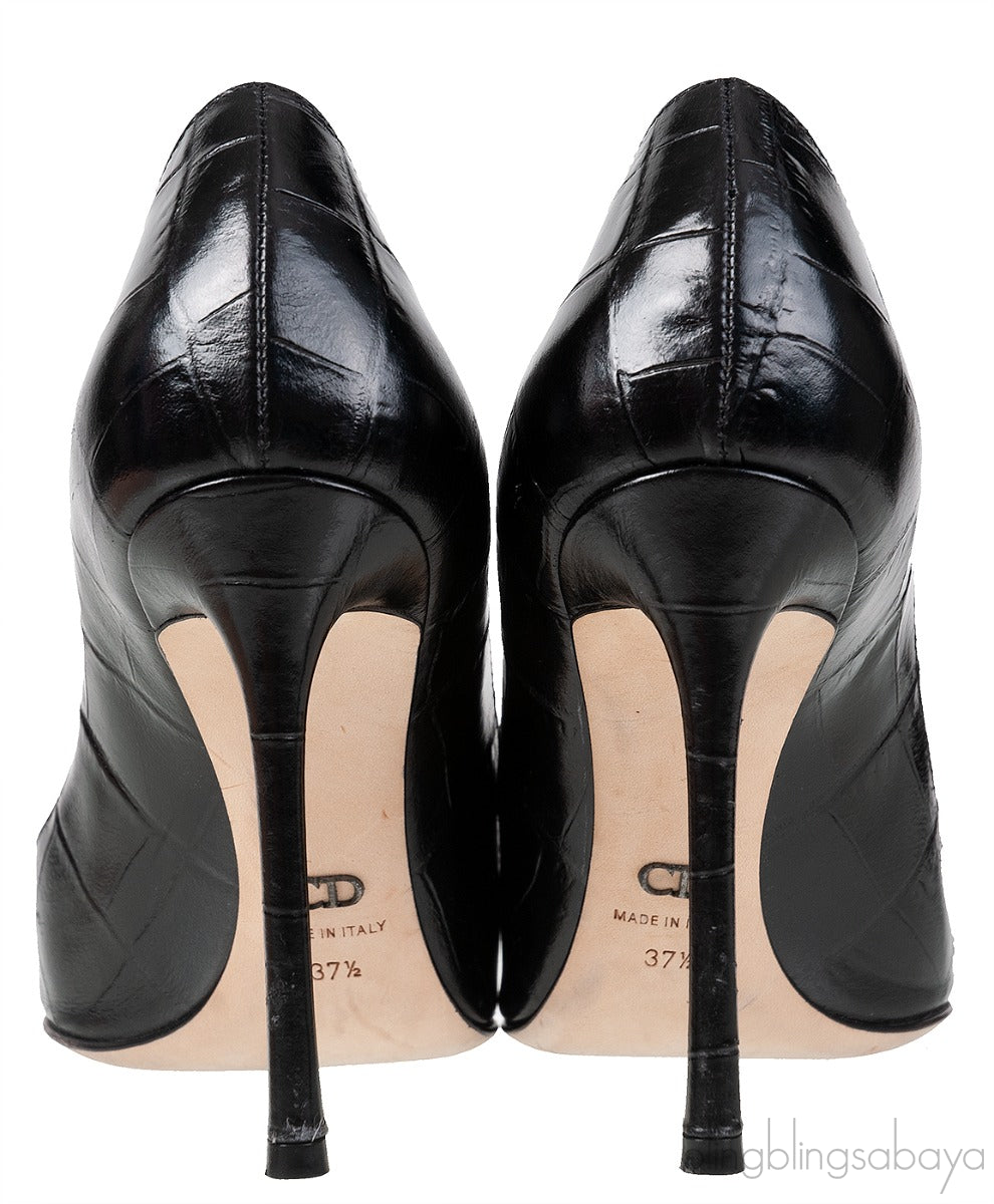 Black Croc Print Crystal Embellished Heels