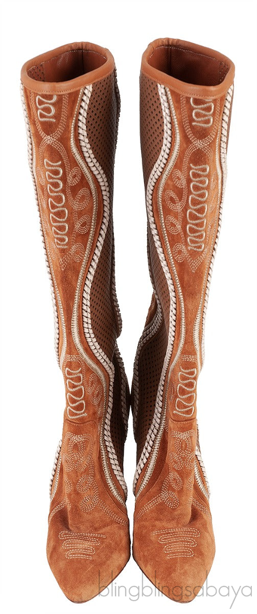 Brown Perforated Texan Knee High Boots