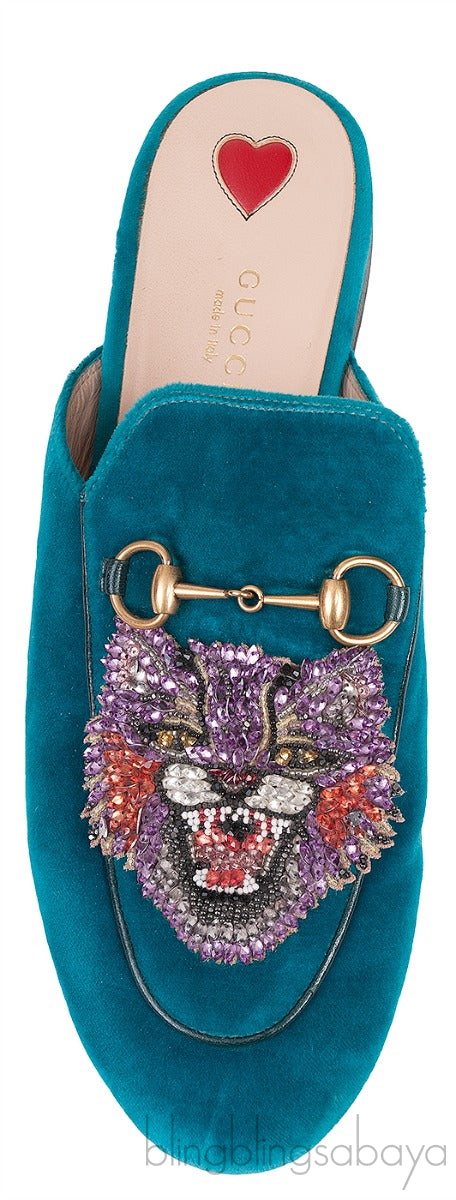 Teal Tiger Embroidered Princetown Slide