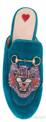 Teal Tiger Embroidered Princetown Slide