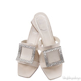 Roger Vivier Off-white Crystal Square Toe Mules