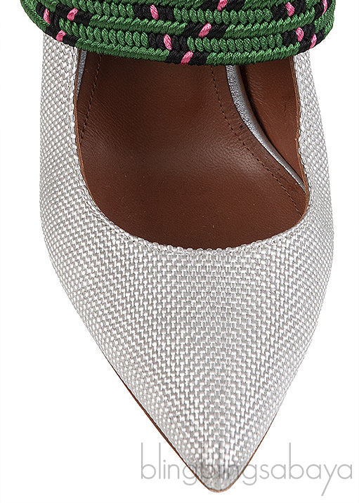 Silver Raffia & Green Fabric Heels
