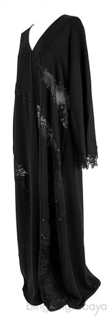 Black Beaded & Lace Trim Abaya