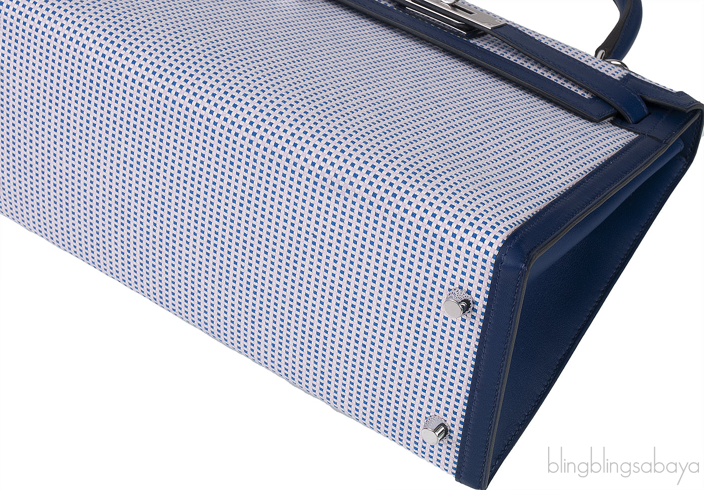 Kelly 28 Sellier Toile Quadrille Veau Swift Ecru-Mauve-Blue
