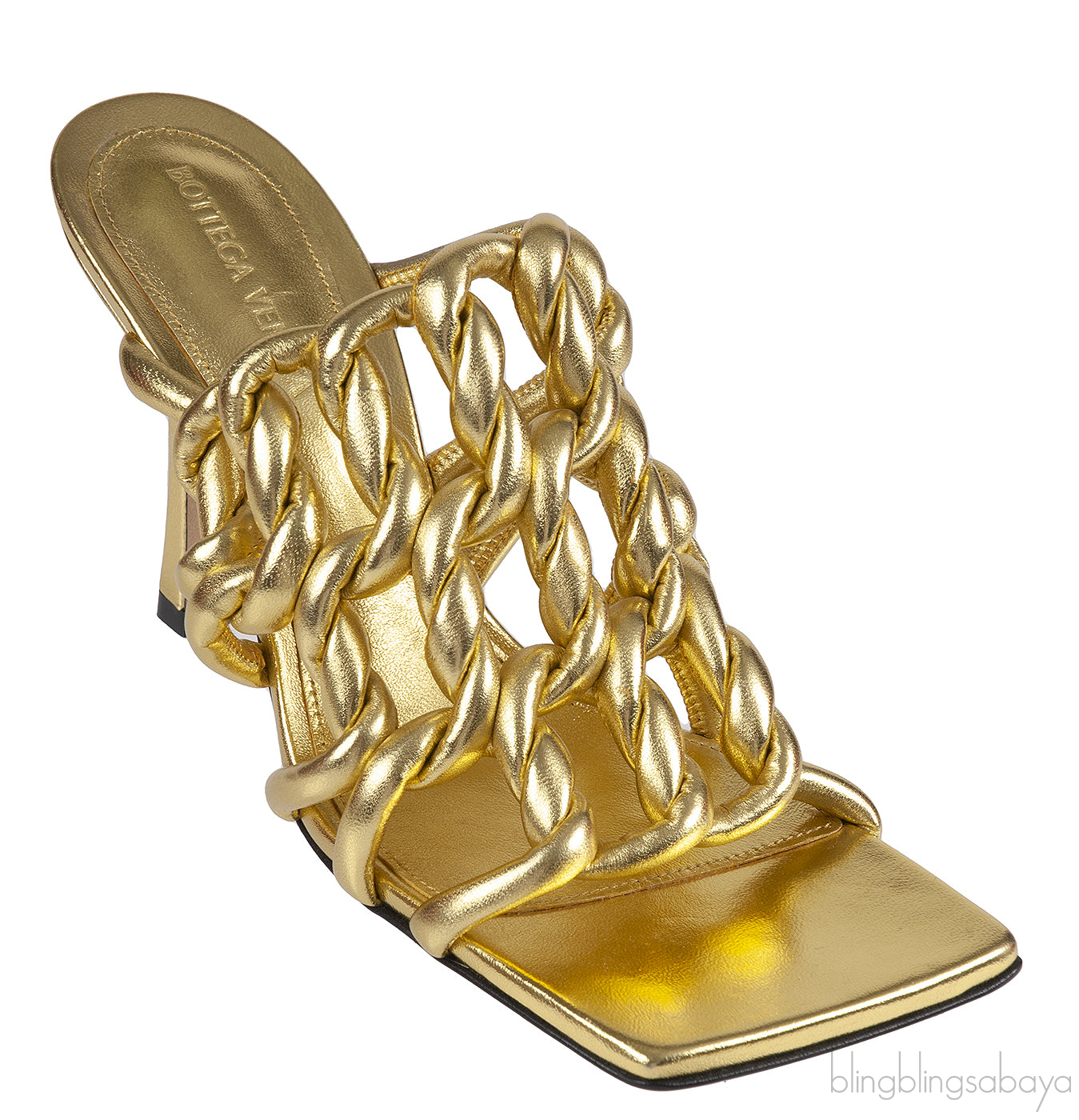 Bottega Veneta Metallic Gold Reflection Weave Square Toe Sandals