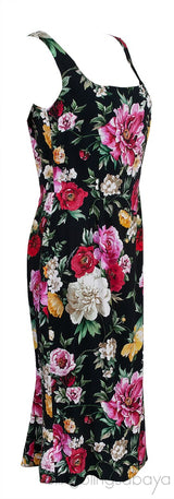 Black Floral Printed Crepe Sleeveless Midi Dress