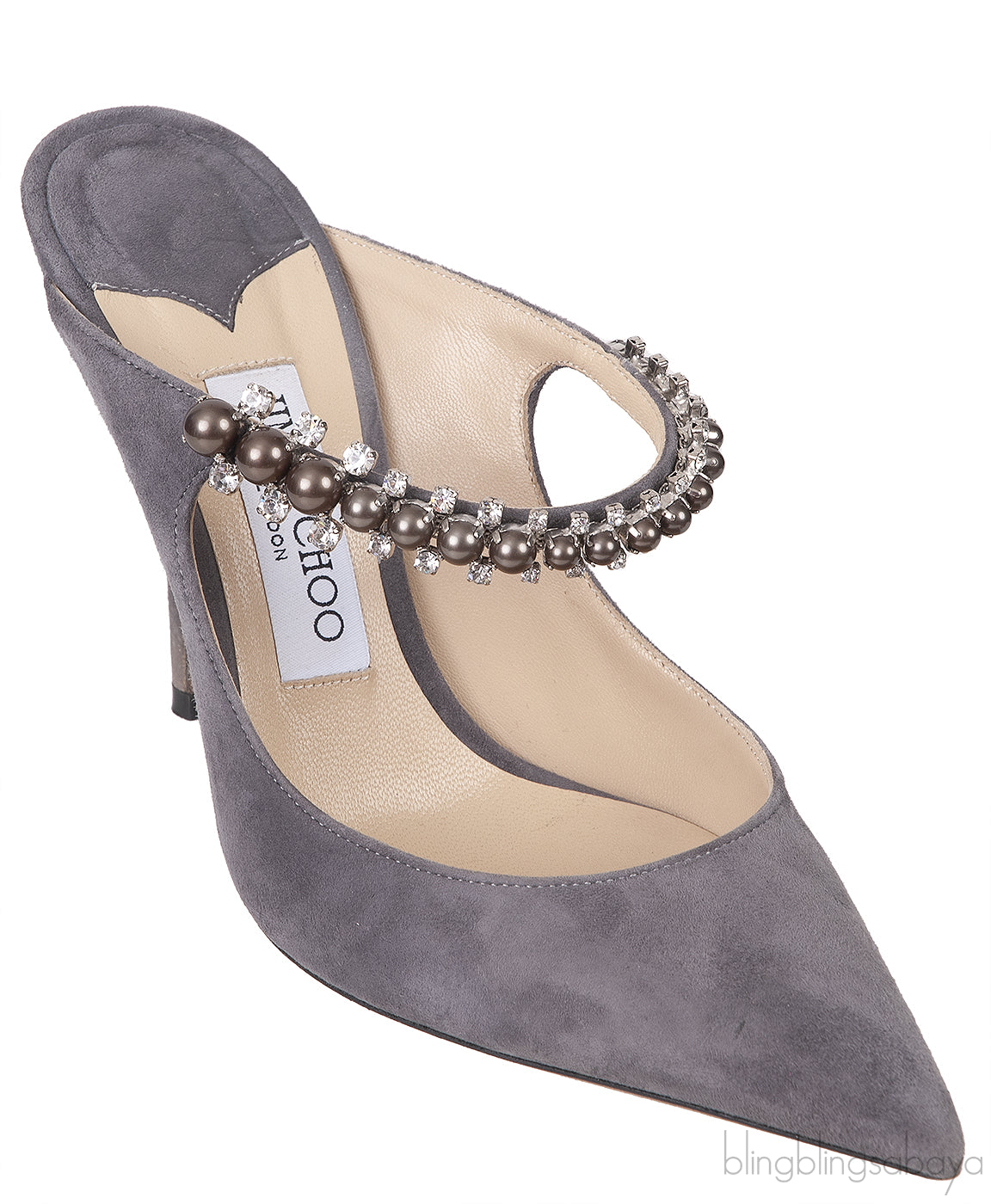 Jimmy Choo Grey Suede Bing Crystal Leather 100mm Crystal Mules