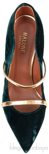 Maureen Emerald Velvet Gold Leather Trimmed Heels