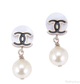 Black CC Pearl Drop Earrings