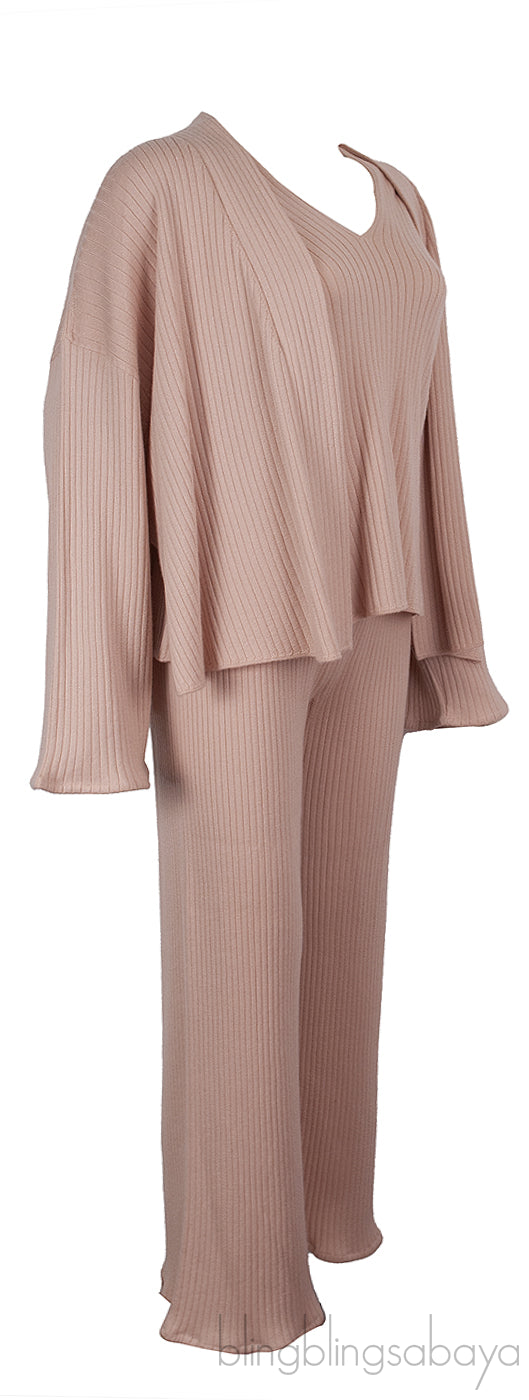 Pink Cashmere Silk Blend Cardigan, Top & Wide Leg Set