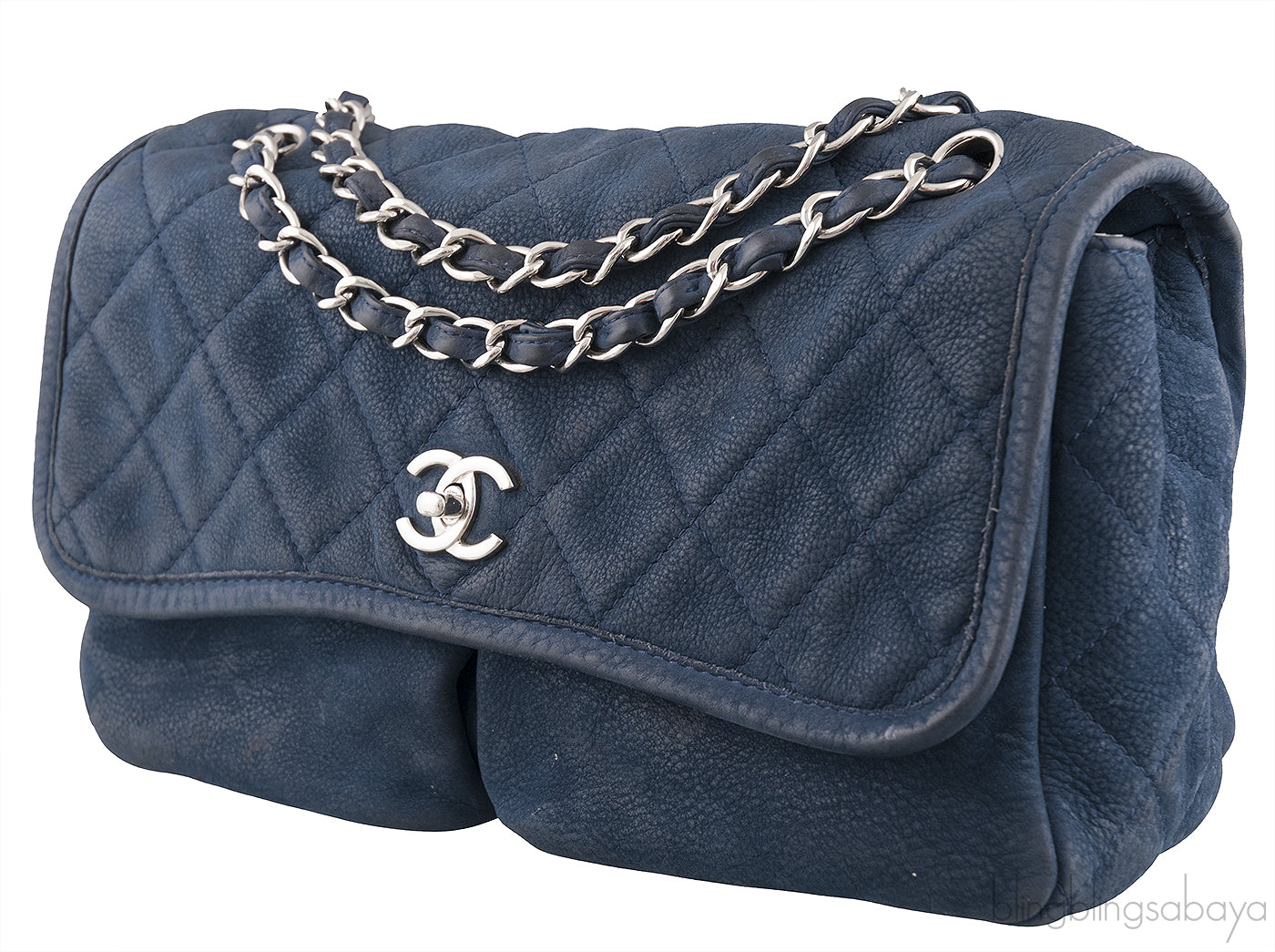 Blue Nubuck Quilted Flap Bag