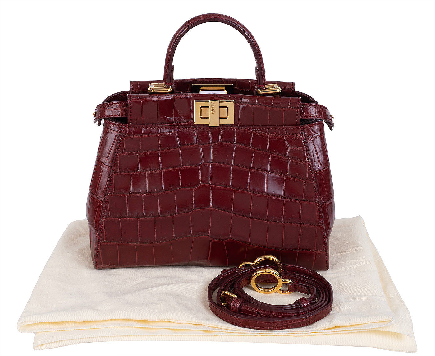 Fendi Mini Peekaboo Burgundy Crocodile Shoulder Bag GHW