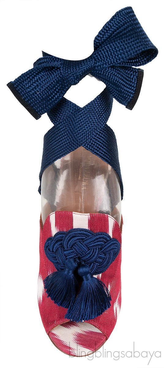 Printed Canvas Blue Tassel Wrap Around Heels
