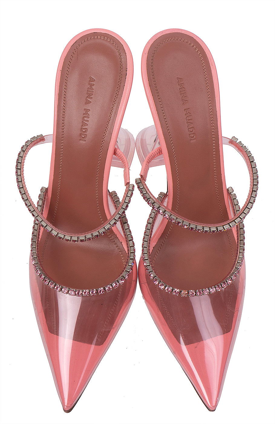 Amina Muaddi Gilda PVC Baby Pink Glass Mules