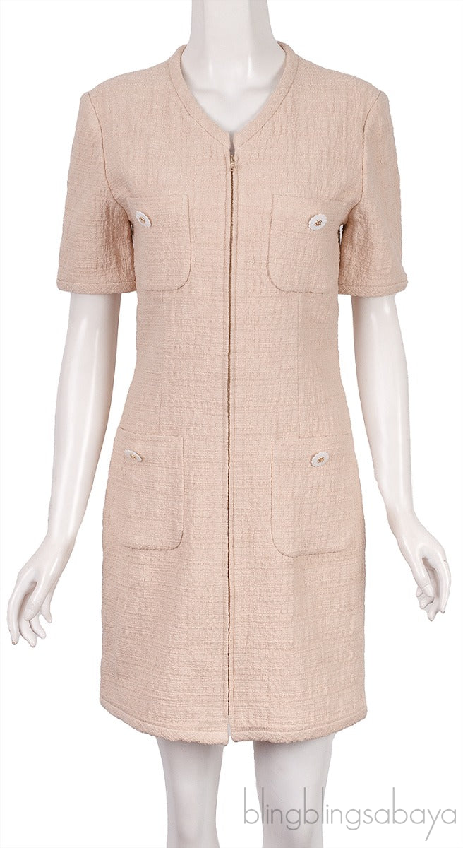 Beige Front Pocket Flower Button Dress