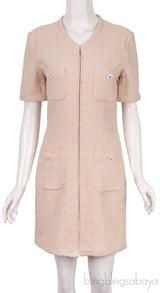 Beige Front Pocket Flower Button Dress