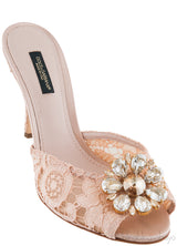 Beige Lace Crystal Vamp Slip-on Sandals