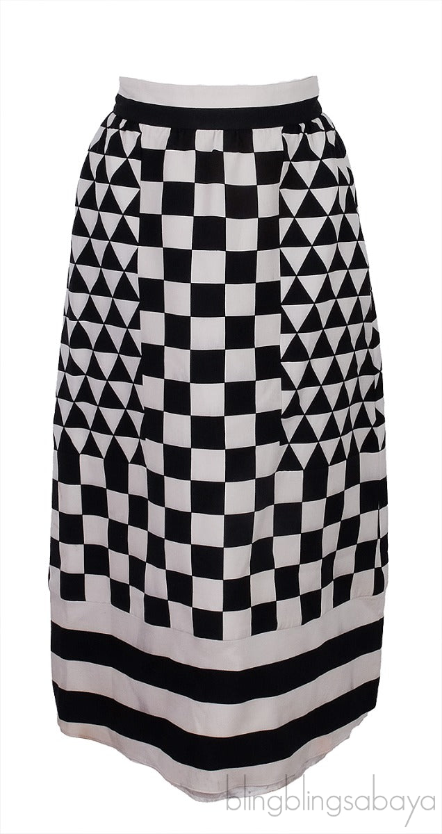 Geometric Checkerboard-Print Midi Skirt