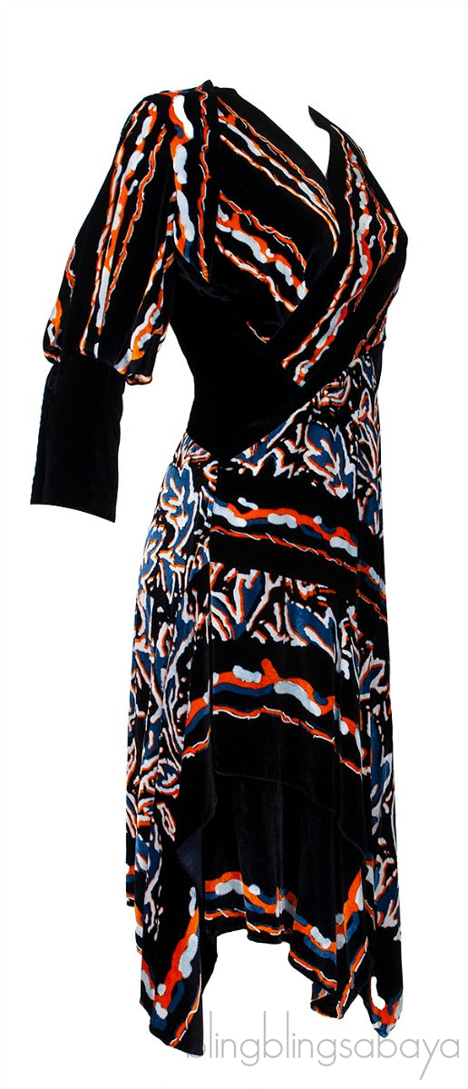 Black Velvet Printed Midi Dress