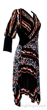 Black Velvet Printed Midi Dress