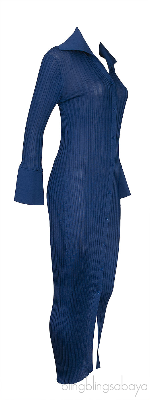 Blue Ribbed Knitted Dress