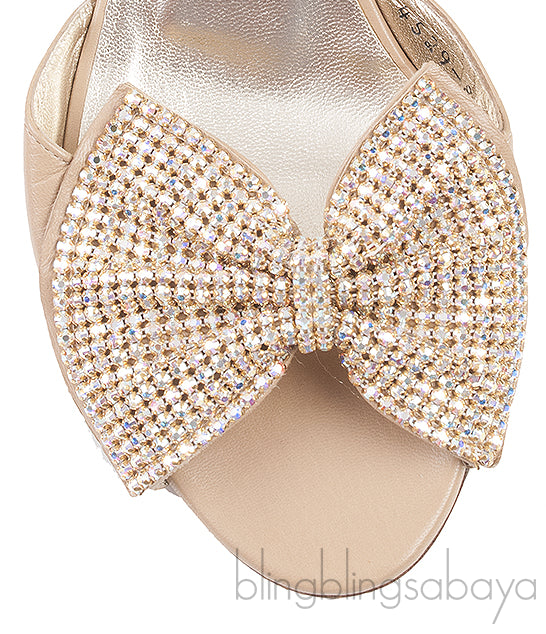 Nude Leather Bow Crystal Sandals