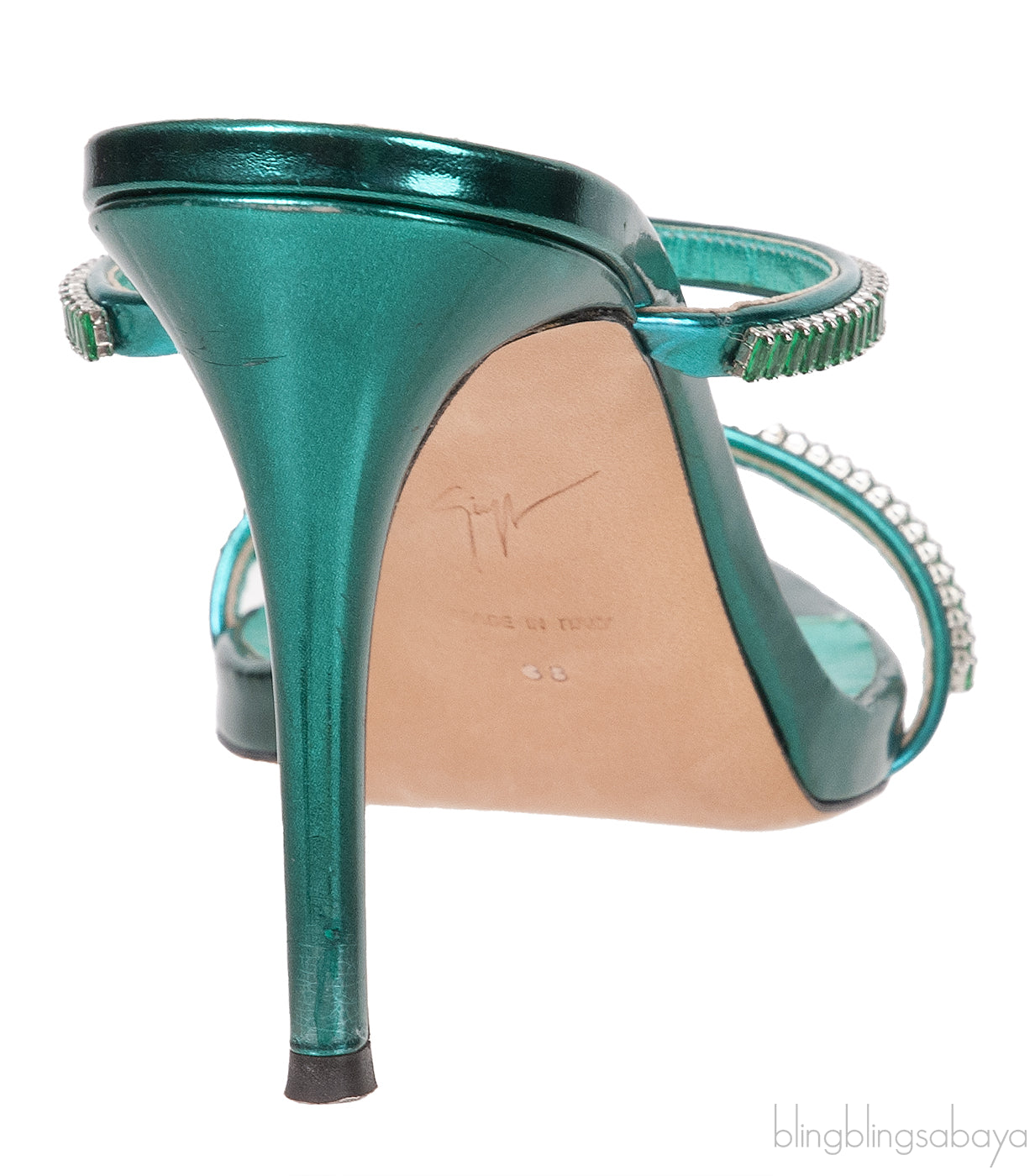 Giuseppe Zanotti Metallic Green Crystal Embellished Mules