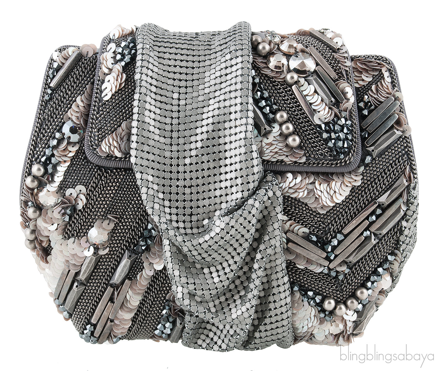 Grey Satin Metal Mesh Clutch