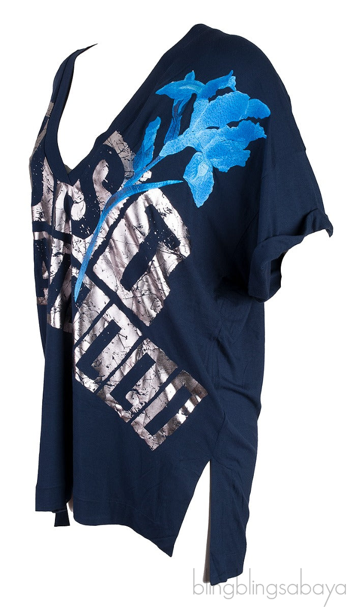 Blue Oversized Logo Print T-shirt