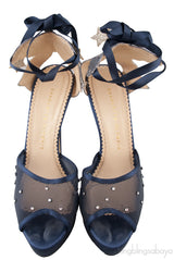 Blue Crystal Mesh Slingback Heels