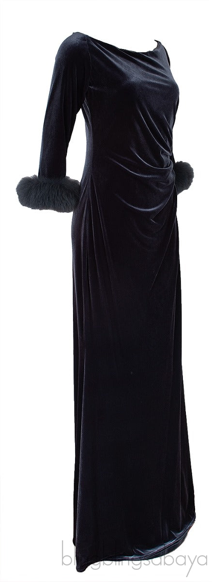 Grey Velvet Fur Trim Cuff Dress