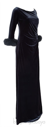 Grey Velvet Fur Trim Cuff Dress
