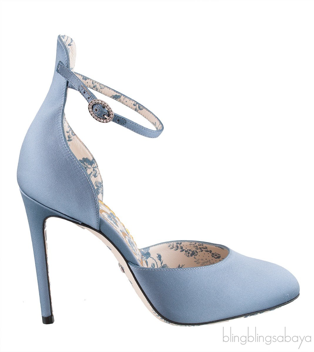 Gucci Blue Grey Satin Daisy 105 Slingback Heels