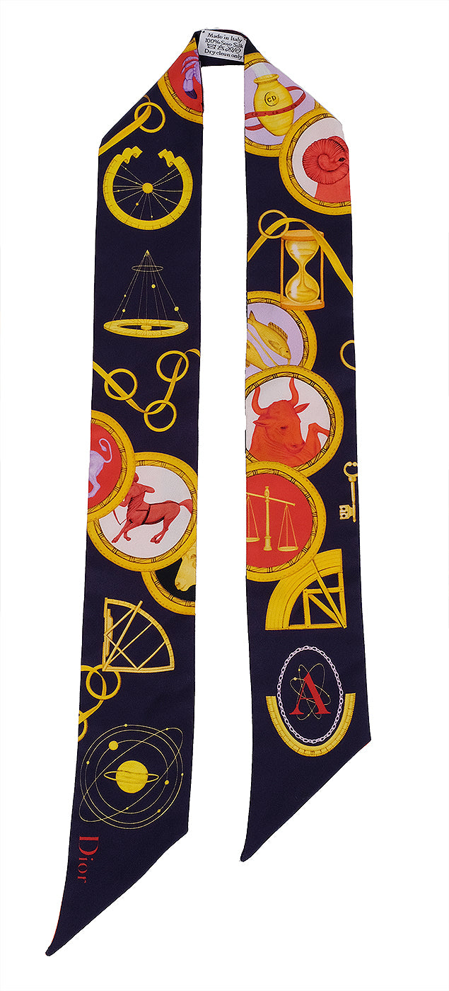 Christian Dior Silk Multicolor Zodiac Print Twilly