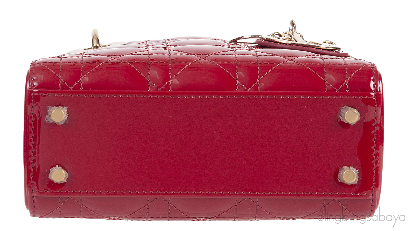 Christian Dior Lady Dior Mini Red Patent Quilted Leather GHW