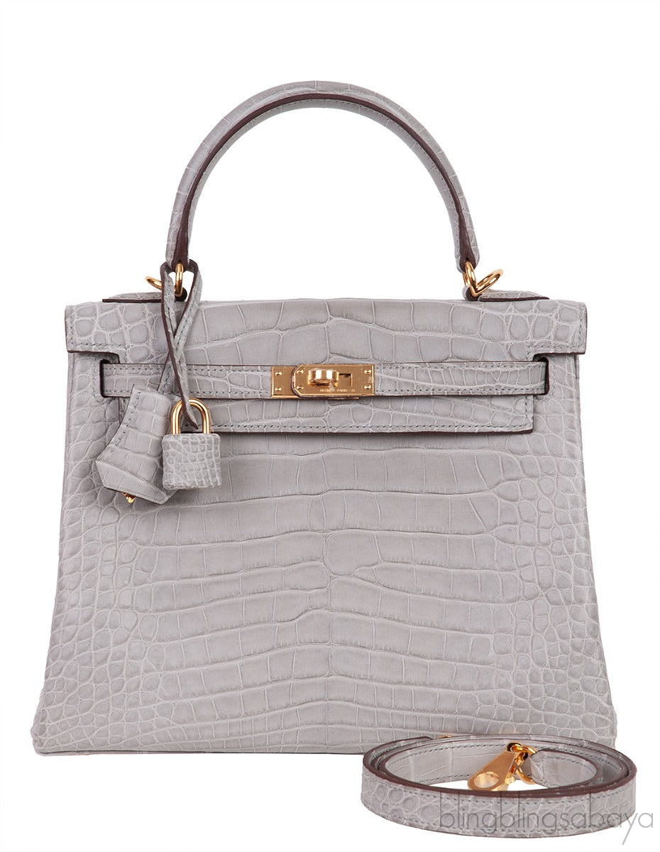 Hermes Special Order Kelly 25 Matte Gris Perle Crocodile and Toffee GHW