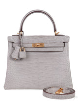 Hermes Special Order Kelly 25 Matte Gris Perle Crocodile and Toffee GHW