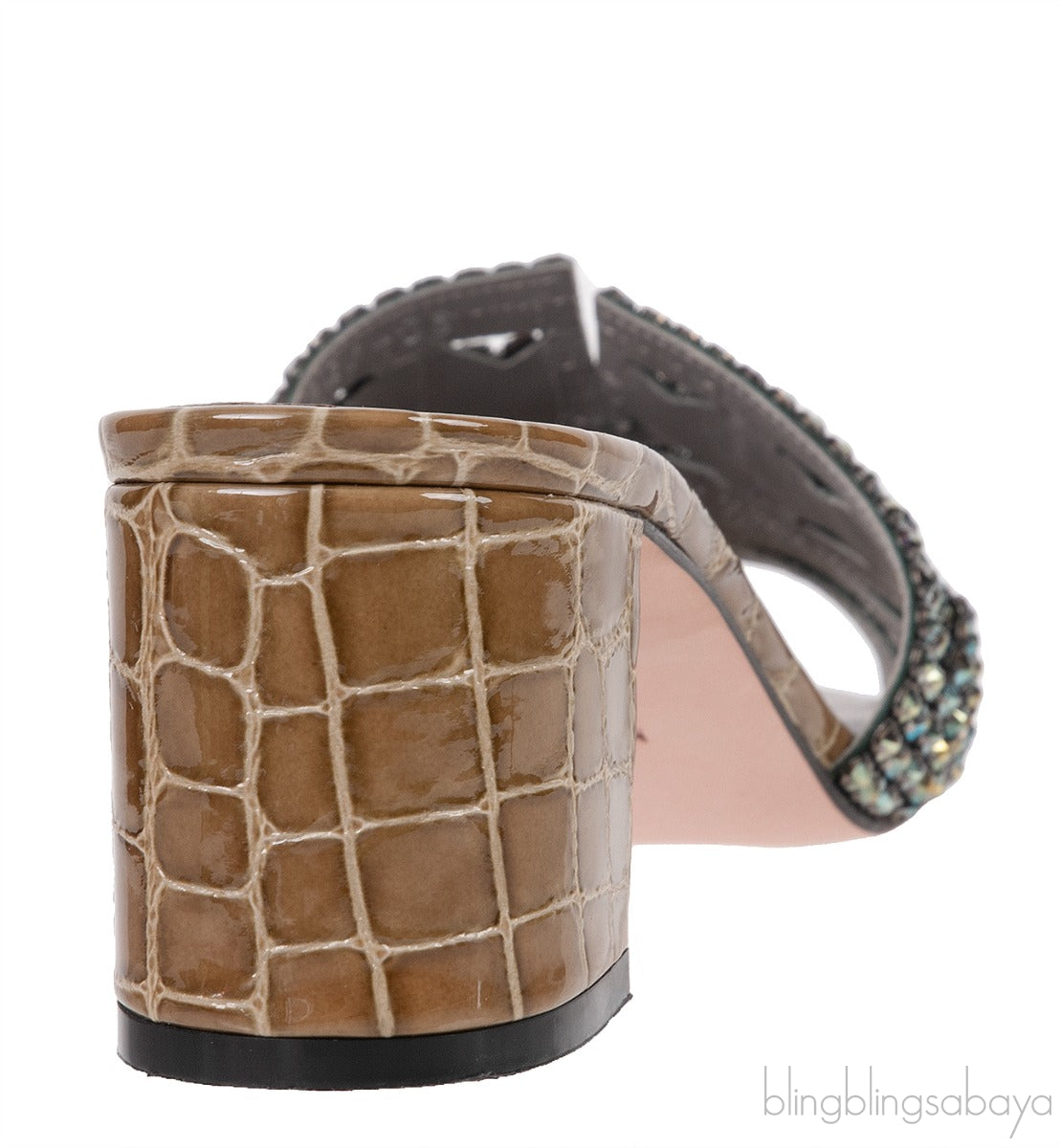 Moss Green Croc Embossed Crystal Heeled Sandals
