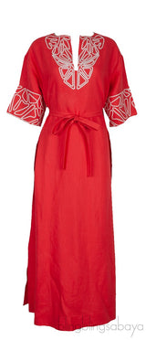 Coral Linen Embroidered Kaftan Dress