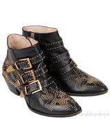 Black Leather Metal Beads Strappy Boots