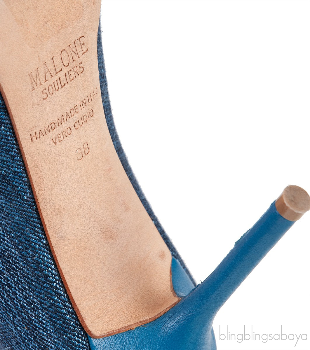 Malone Souliers Denim Pointed Toe Slingback Heels