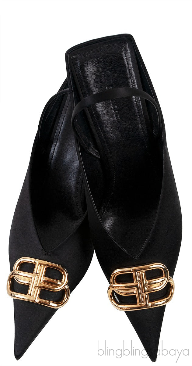 Balenciaga Black Satin BB Pointed Toe Slingback