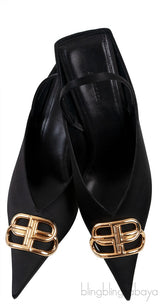 Balenciaga Black Satin BB Pointed Toe Slingback